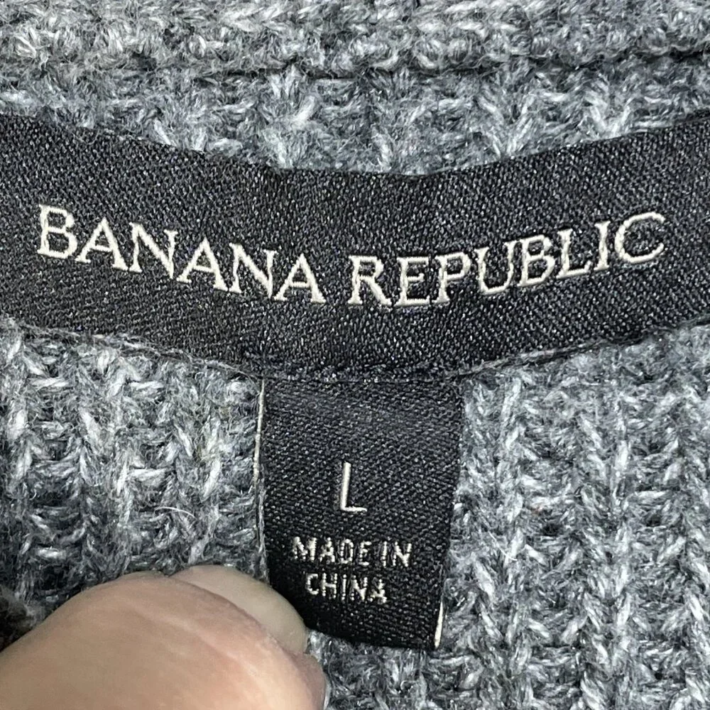 Banana Republic Sweater Mens Large Gray Chunky Knit Mock Neck Cotton Blend Snaps